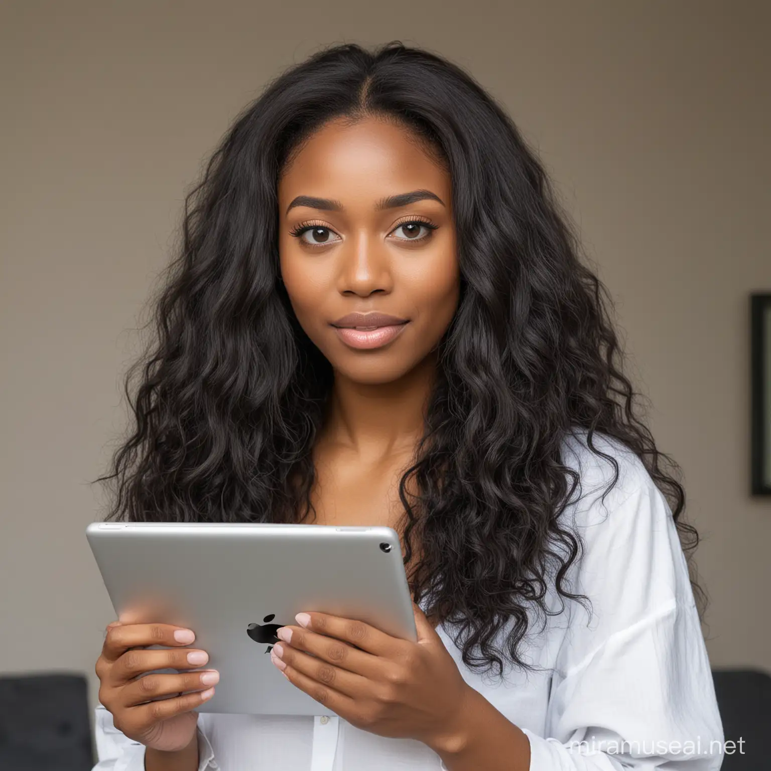 A black woman with long hair holding the iPad