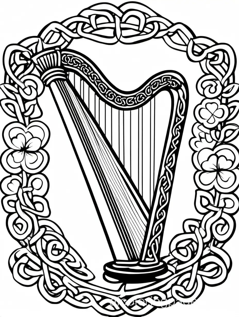 Celtic harp decorated with shamrocks for St. Patrick's Day for kids dont coloring, Coloring Page, black and white, line art, white background, Simplicity, Ample White Space. The background of the coloring page is plain white to make it easy for young children to color within the lines. The outlines of all the subjects are easy to distinguish, making it simple for kids to color without too much difficulty