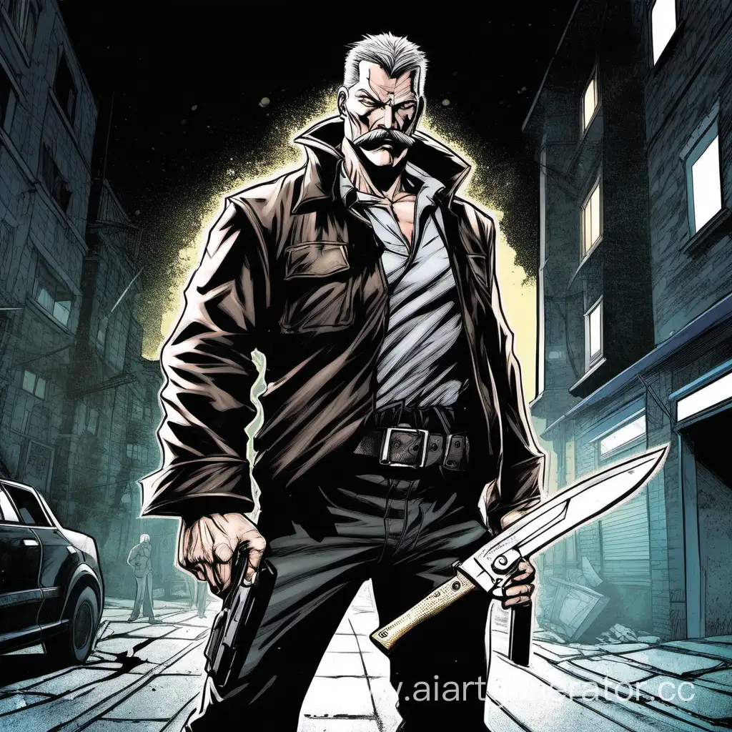 comic art, manga art, street warrior, finland thick male, mature look, pale mustache, knife in mainhand, handgun at belt, night street background, dim light