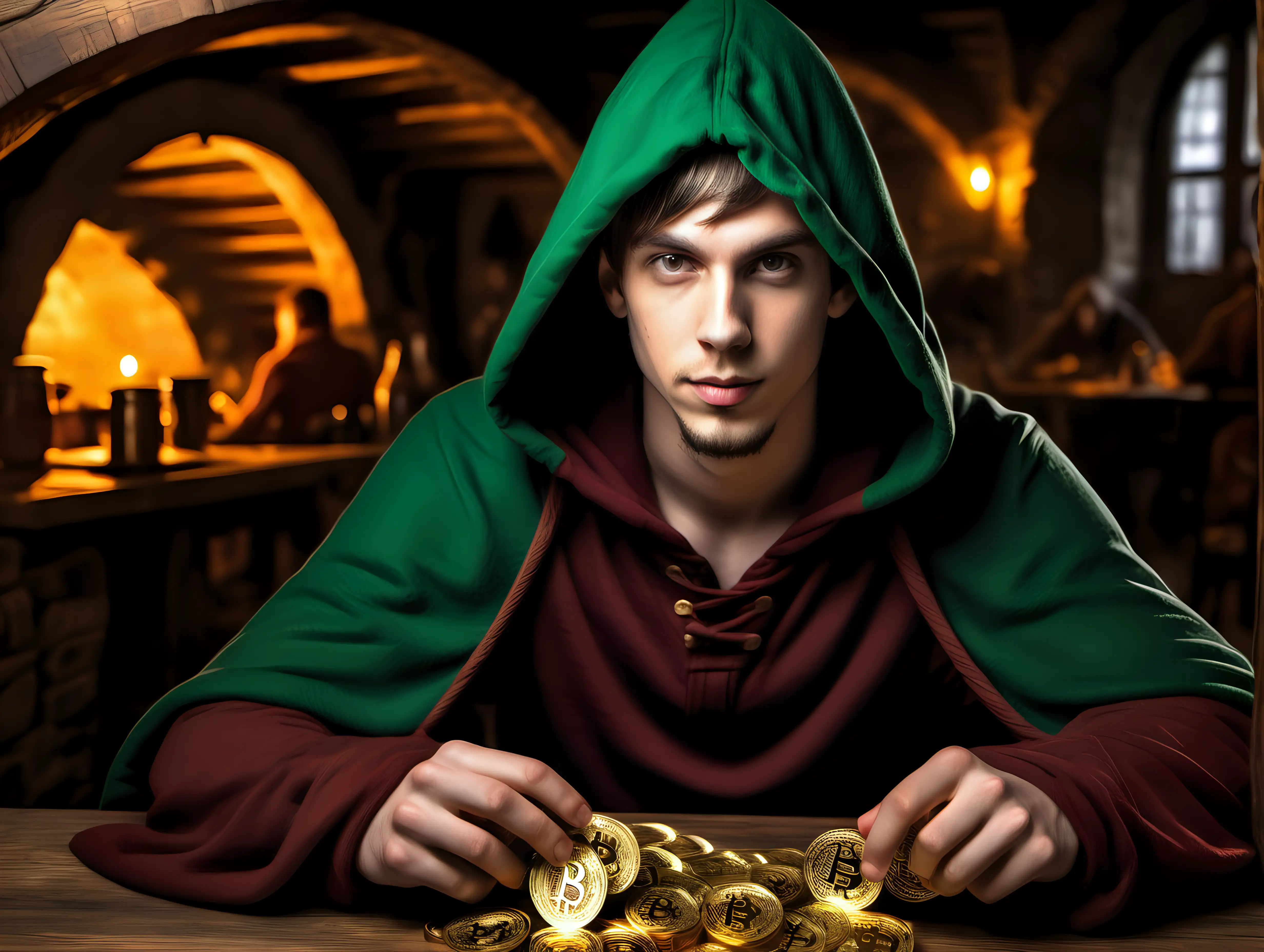 Handsome 22 year old male half elf wearing a hooded cloak in a medieval tavern but naked under the hoodie, betting gold Bitcoins in card games, short beard, mysterious in a detailed fantasy style with bitcoins guldens