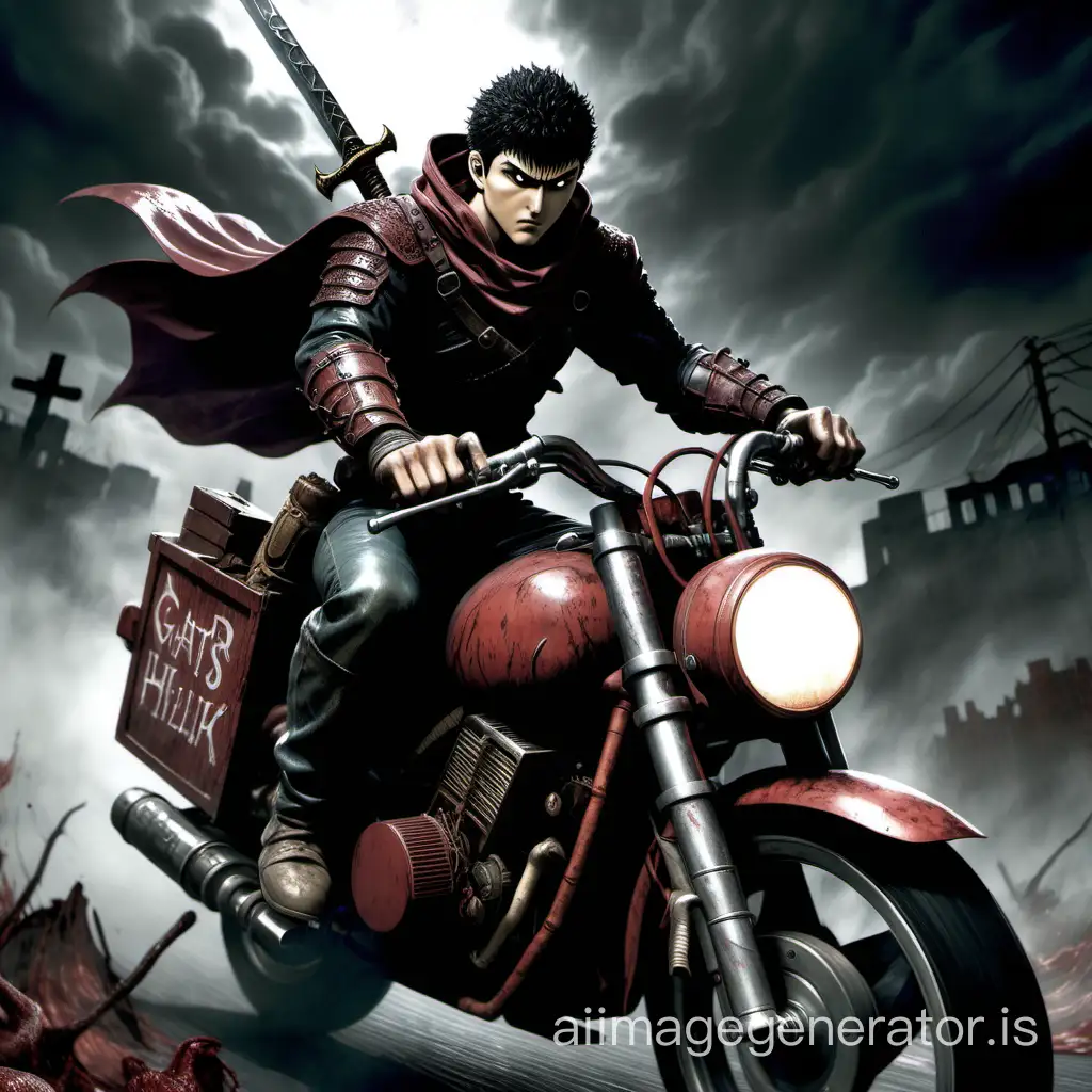 Gats from Berserk with an evil look rides through Silent Hill on a motorcycle, two-handed sword behind his back, on the way Gats is chased by monsters without faces and without limbs.