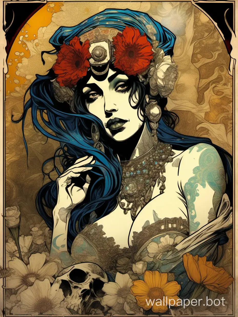 sexy gorgeous odalisque, masterpiece crazy skull face, explosive pose, asymmetrical, Alphonse Mucha poster, explosive wild flowers dripping paint, comic book, high textured paper, hyperdetailed lineart, dark water, hypercolored, high-contrast colors, burned borders