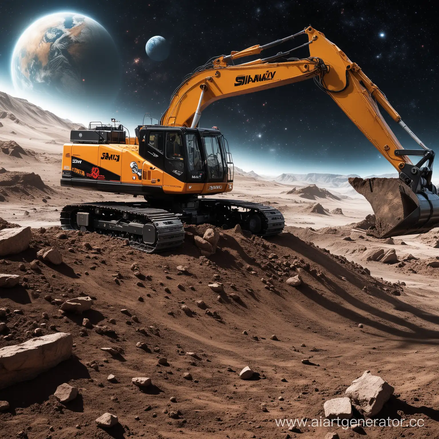 Cosmic-Exploration-SANY-Excavator-Amidst-Planetary-Terrain-Celebrating-Cosmonautics-Day