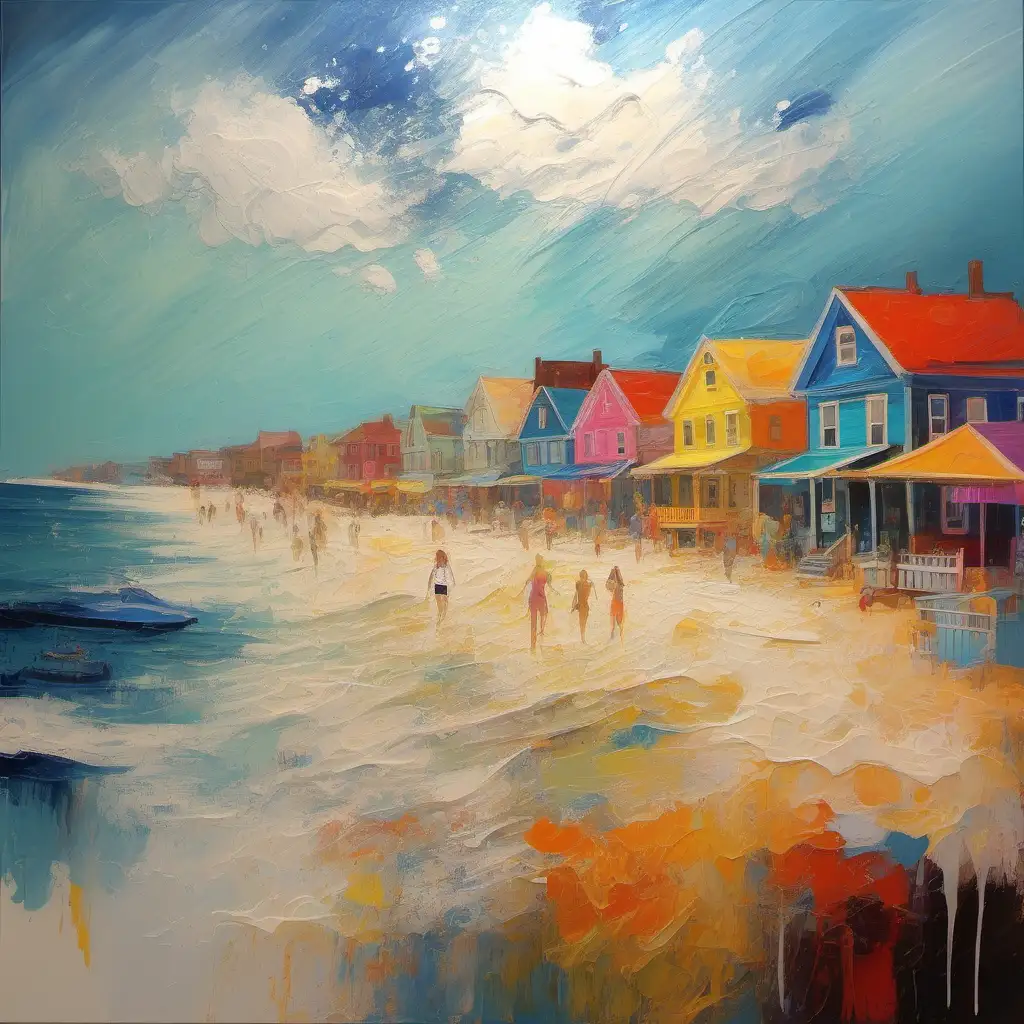 Impressionistic interpretation of a beach town landscape, vibrant colors and distinct brushstrokes, textured, atmospheric, tactile , layered, bipolar, the story of a beautiful woman 