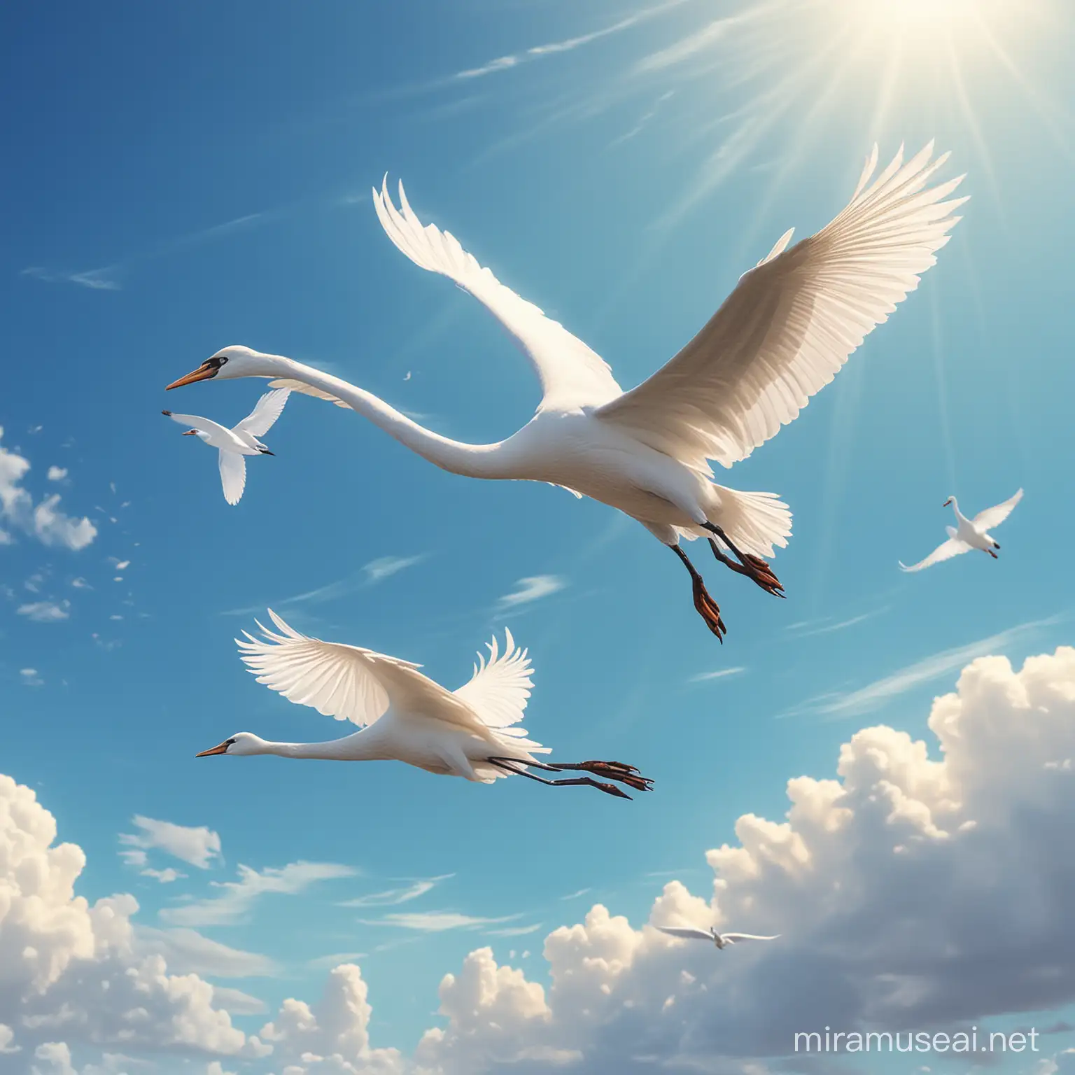 Egret and a swan are flying in the blue sky ,disney pixar style