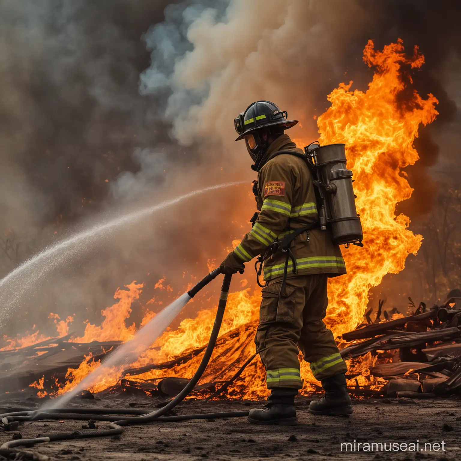 Courageous Firefighter Battling Blazing Flames with Hose
