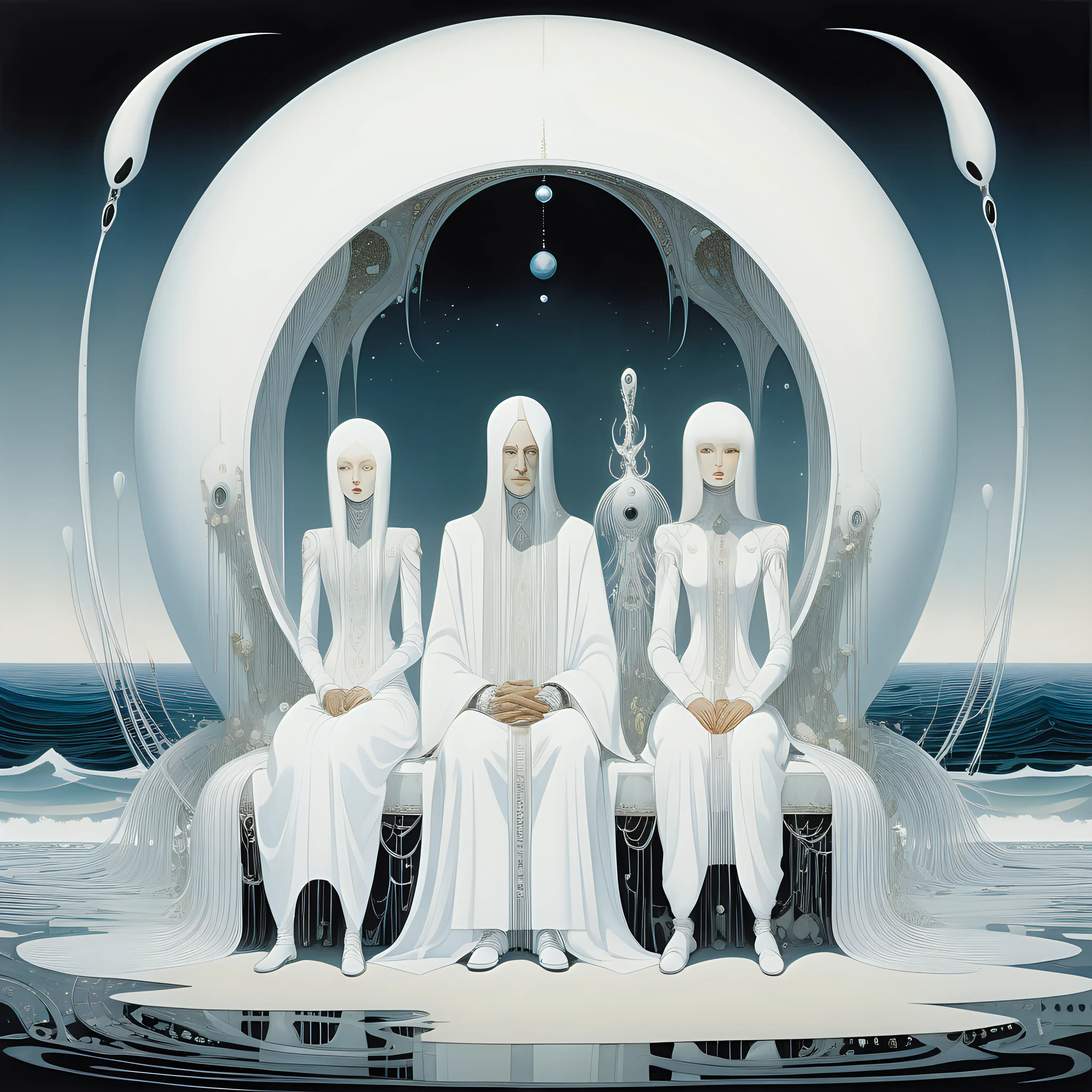futuristic painting in kay nielsen style of a family in white clothings sitting by an ocean