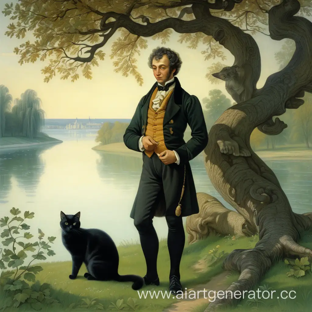 пушкин с черным котом одним с дубом из сказки у лукоморья дуб зелёный , на заднем плане море бескрайнее 