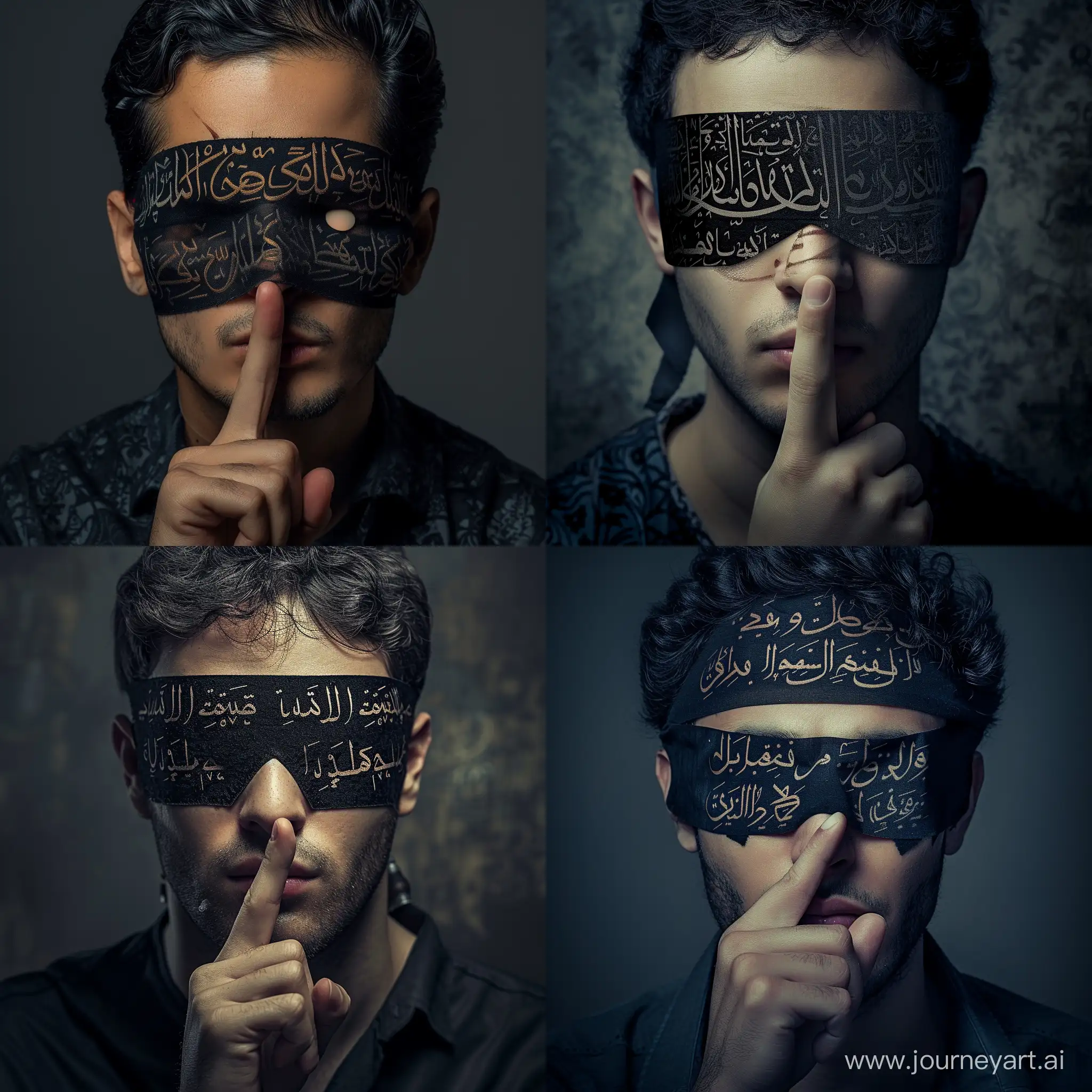 Imagine a man with his index finger pressed against his lips, wearing a black bandage over his eyes adorned with beautifully written Arabic script. The surreal nature of the scene adds an intriguing element to the character