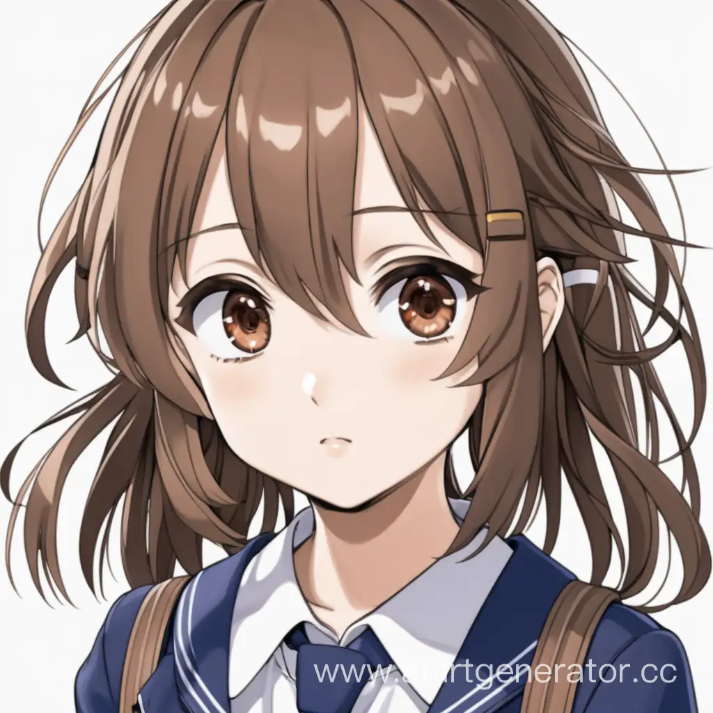 Anime girl in a school uniform, with brown eyes and hair and bags under the eyes