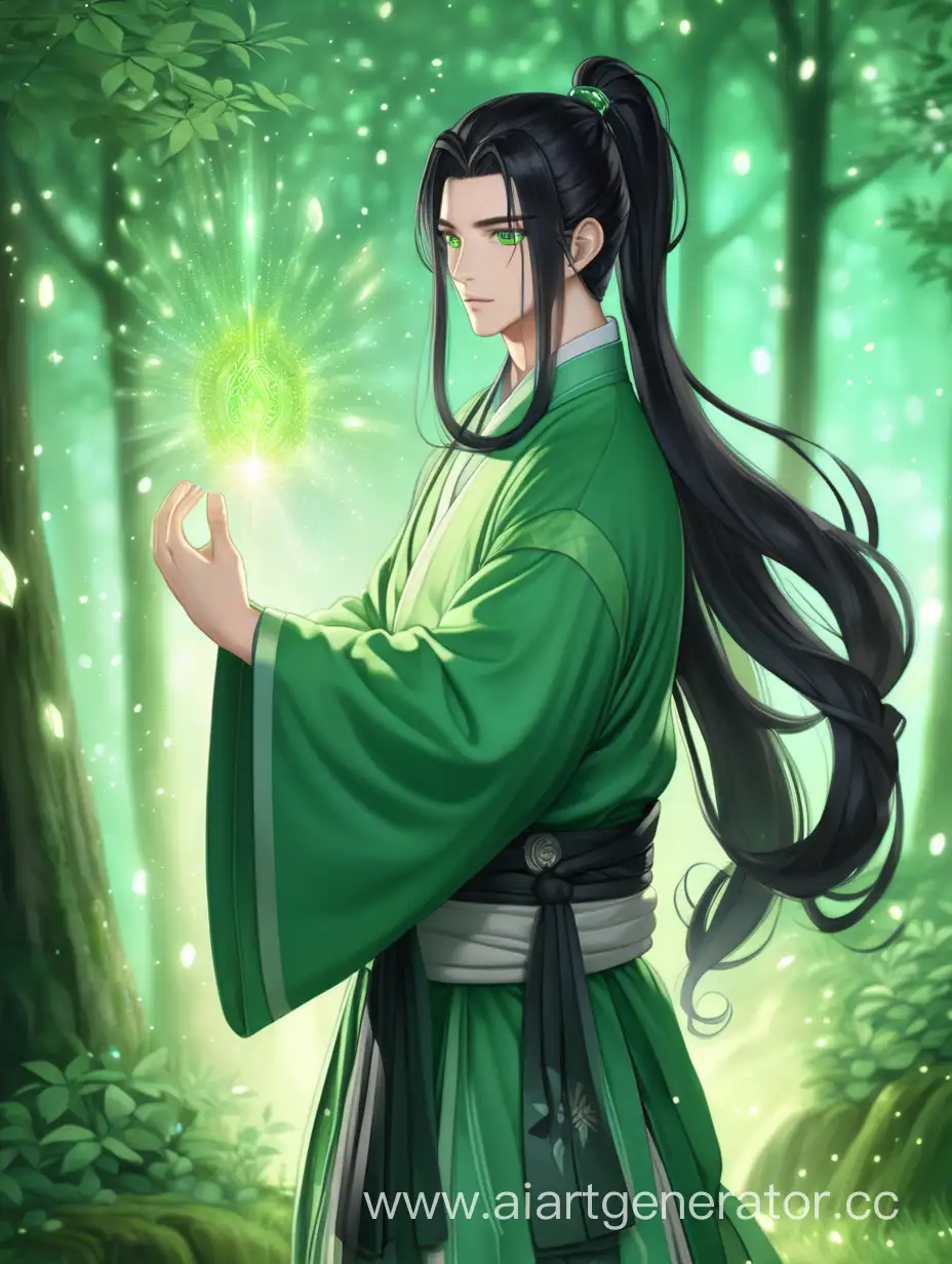 мужчина айдол красивый высокий длинные черные волосы забраны в хвост в зелёном ханьфу зеленоглазый с зелёным  огоньком  в руке мерцание свет идёт по лесу