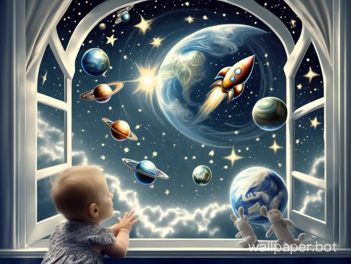 children's fantasies in a dream, a silver child's rocket flies, from the window a smiling ecstatic baby looks out, and around the rocket are stars, planets Jupiter, Saturn with rings, Earth smiles
