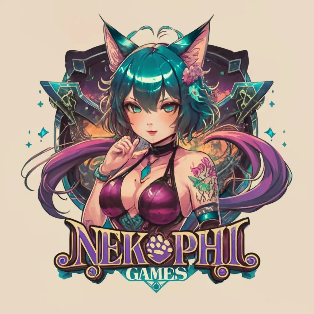 a logo design, with the text 'NekoPhi Games', main symbol: sexy catgirl purple teal anime bra abs tattoos collar, complex, to be used in Entertainment industry, clear background