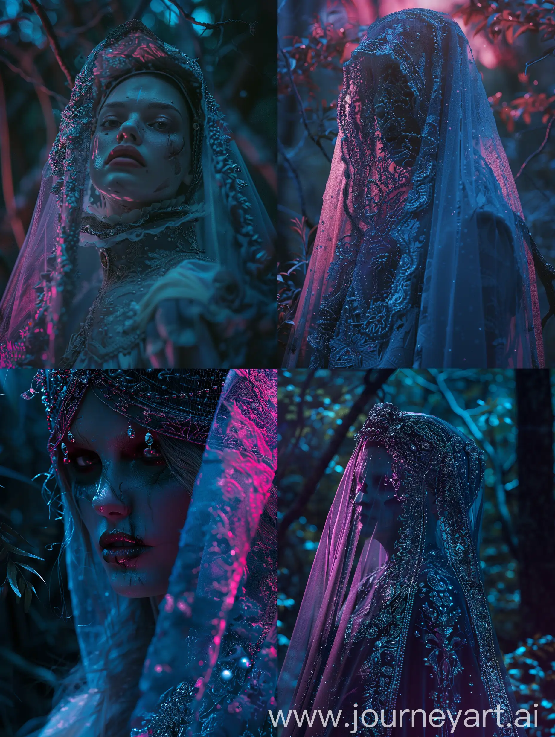 Queen Undead, darkness, close up potrait, realistic, high detailed, with subtle pink and blue gradients Moonlight enveloping attire in forest 