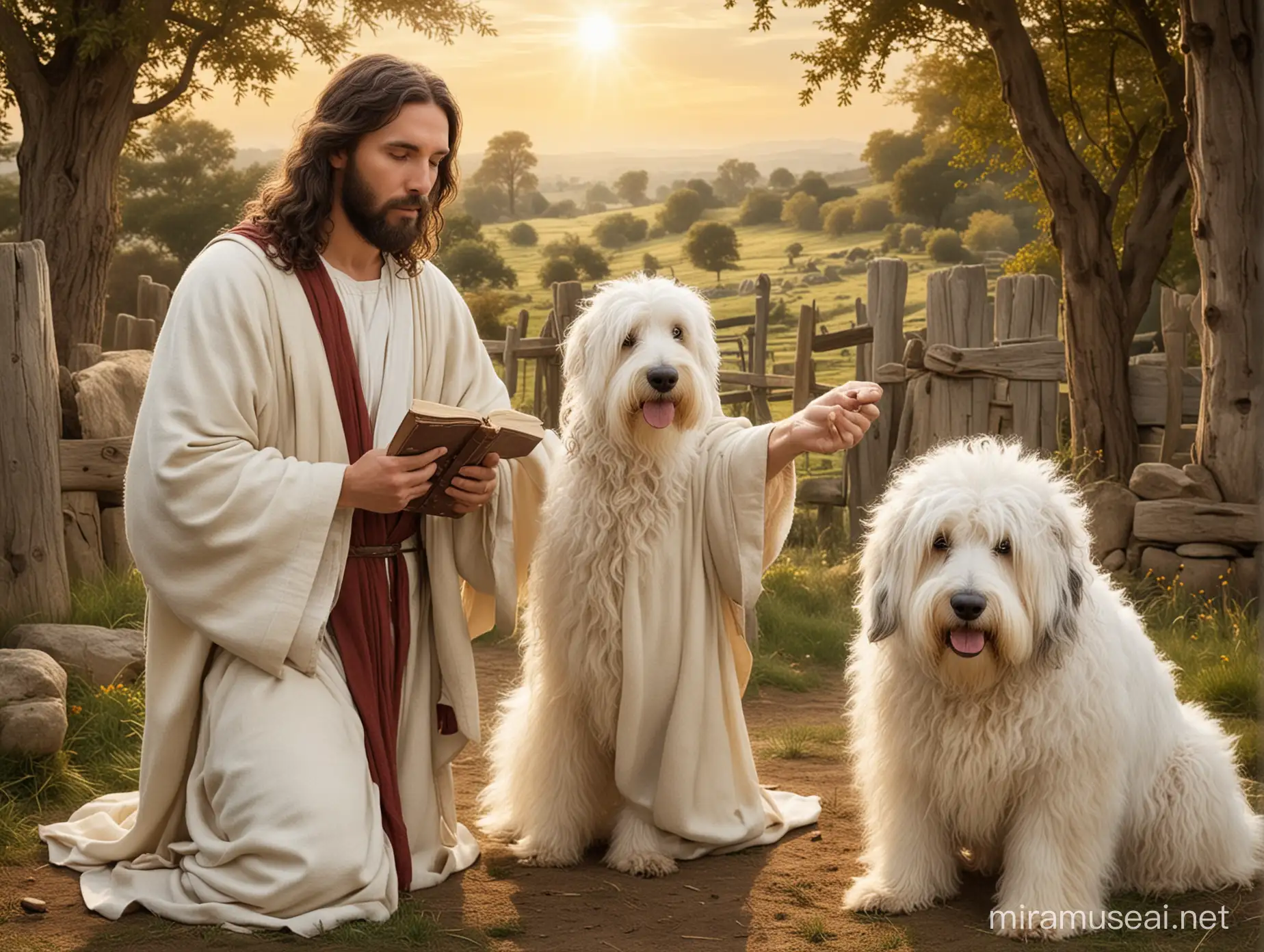 Devotion Jesus Walking with His Old English Sheepdog