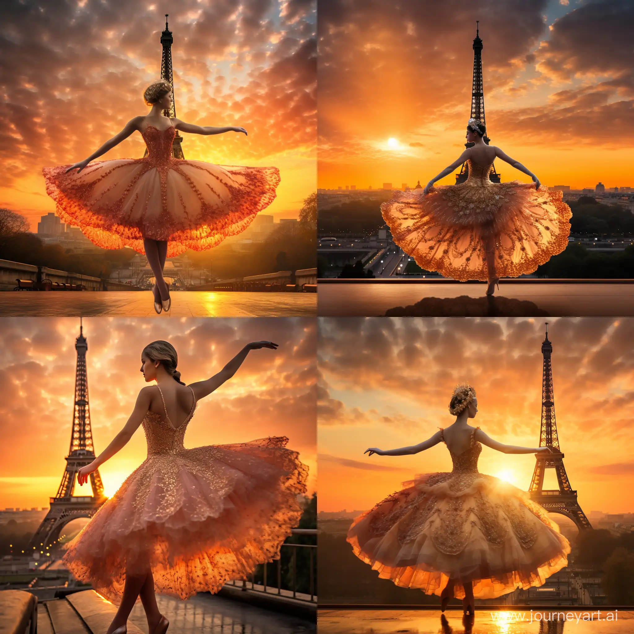 "Create an ultra-high-definition 8K photograph of a professional ballerina en pointe, poised at the very tip of the Eiffel Tower. The time is golden hour, with the sun casting a warm, illuminating glow that highlights the intricate details of the ballerina's costume and the Eiffel Tower's structure. The colors are vibrant and rich, capturing the ballerina's grace against the backdrop of a multicolored sky that transitions from warm oranges and pinks to cool blues and purples. Every detail should be captured with extreme clarity, from the texture of the ballerina's tutu to the individual iron lattices of the tower, akin to the quality of an image taken with a Sigma lens. The depth of field should be wide, ensuring both the ballerina and the distant horizon are in sharp focus, encapsulating the magnificence of the Parisian landscape during this magical hour."