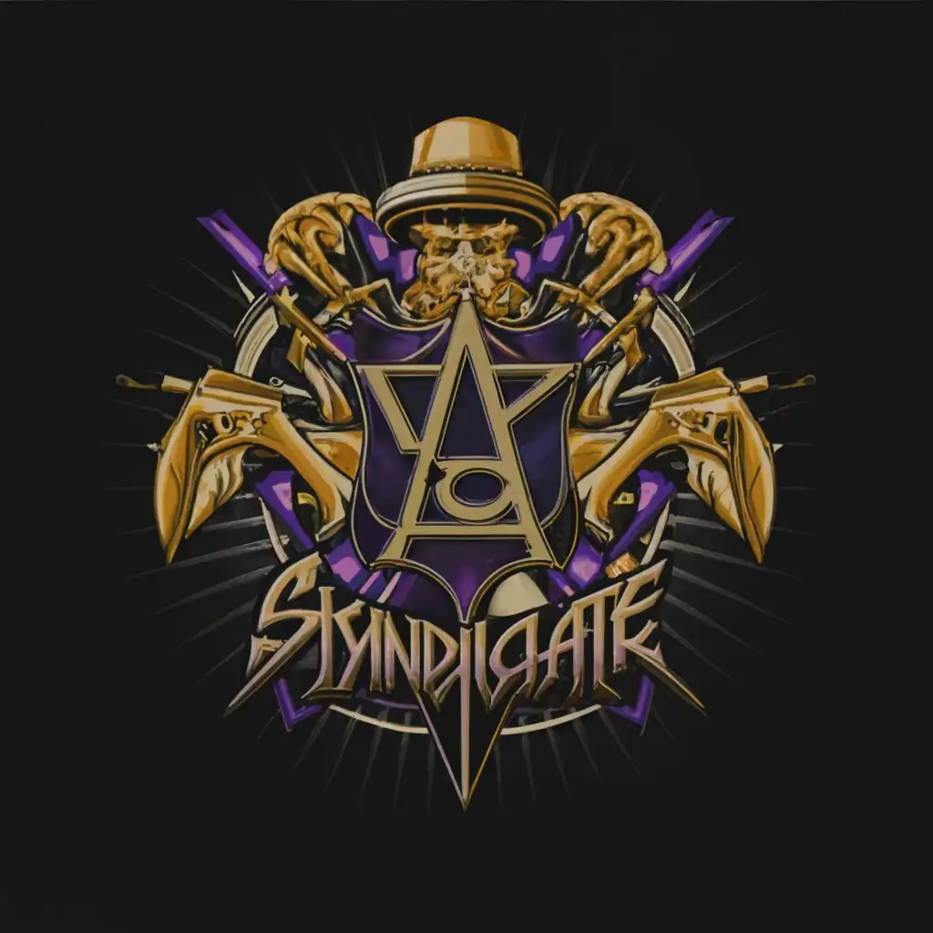 a logo design,with the text Syndicate , main symbol:Mafia,complex,purple and black background 