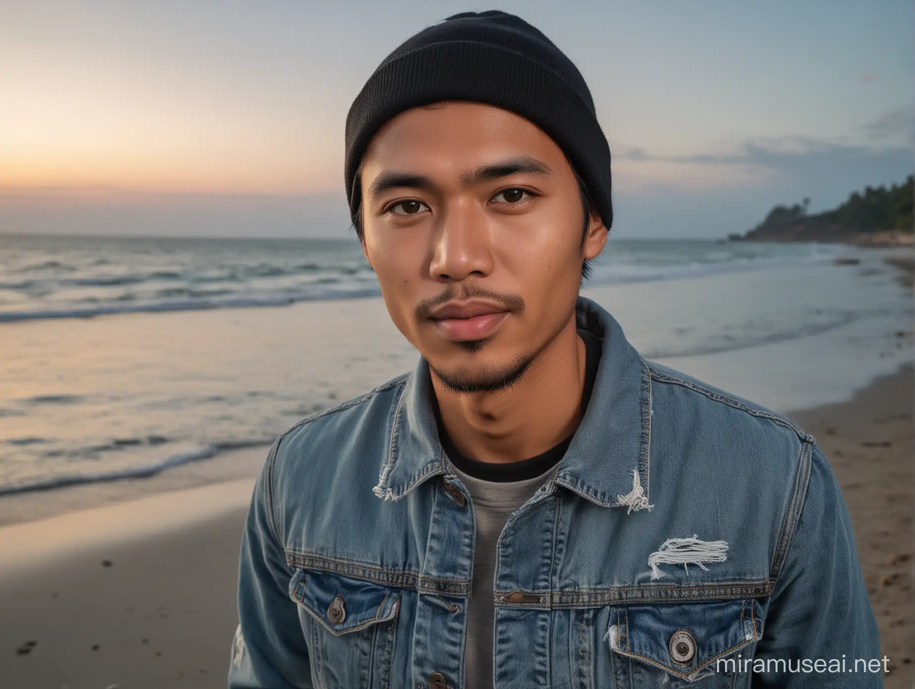 Friendly Indonesian Man in Black Beanie at Beach Edge