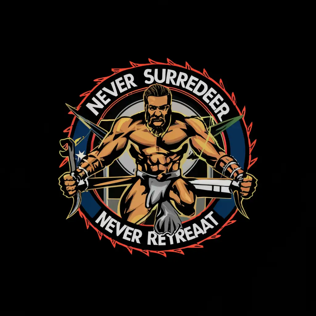 a logo design,with the text "never surrender never retreat", main symbol:warrior,Moderate,be used in Sports Fitness industry,clear background
