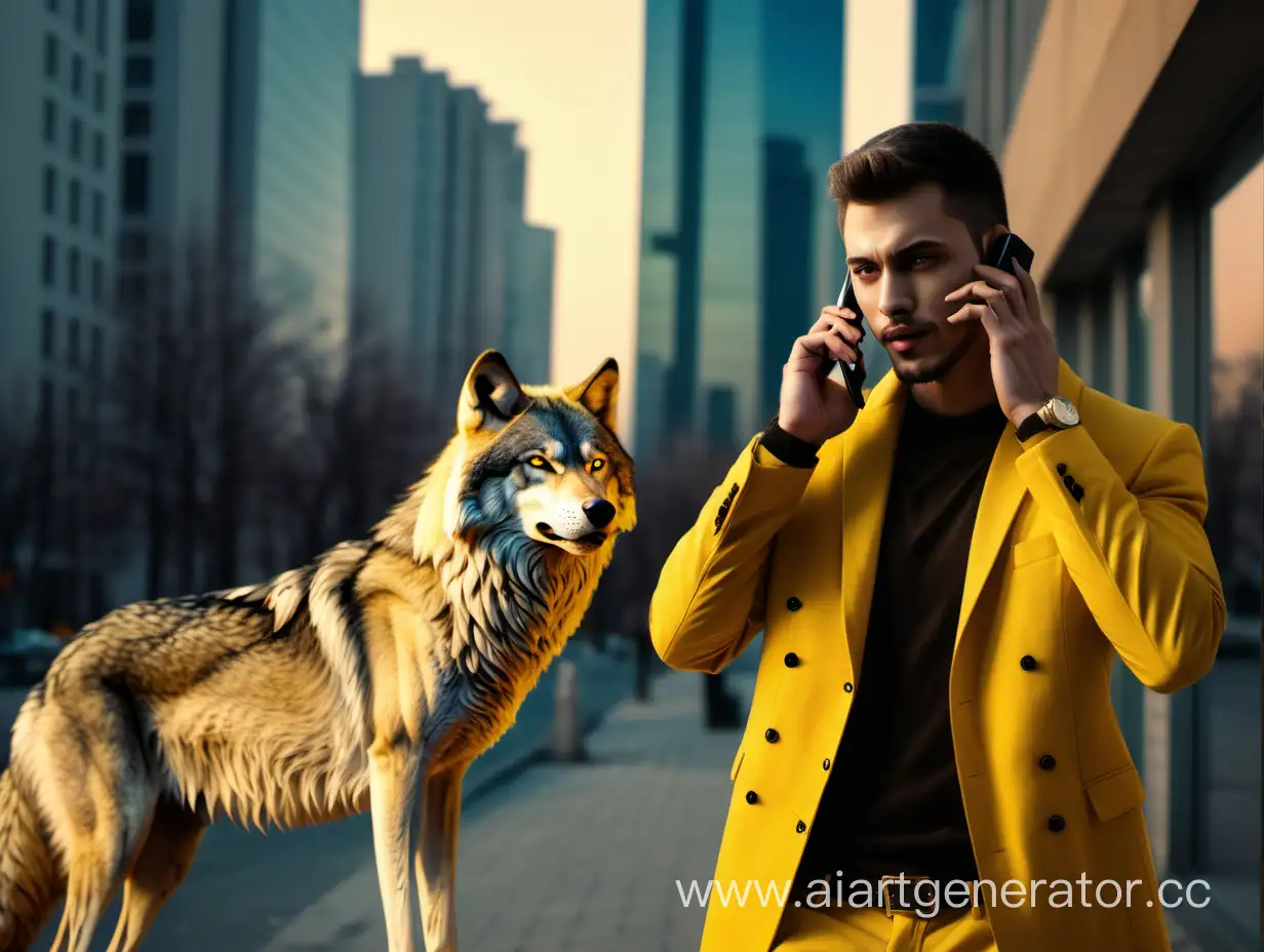 Stylish-Man-in-Yellow-Making-a-Phone-Call-with-a-Wolf-Companion-in-an-Urban-Evening-Setting