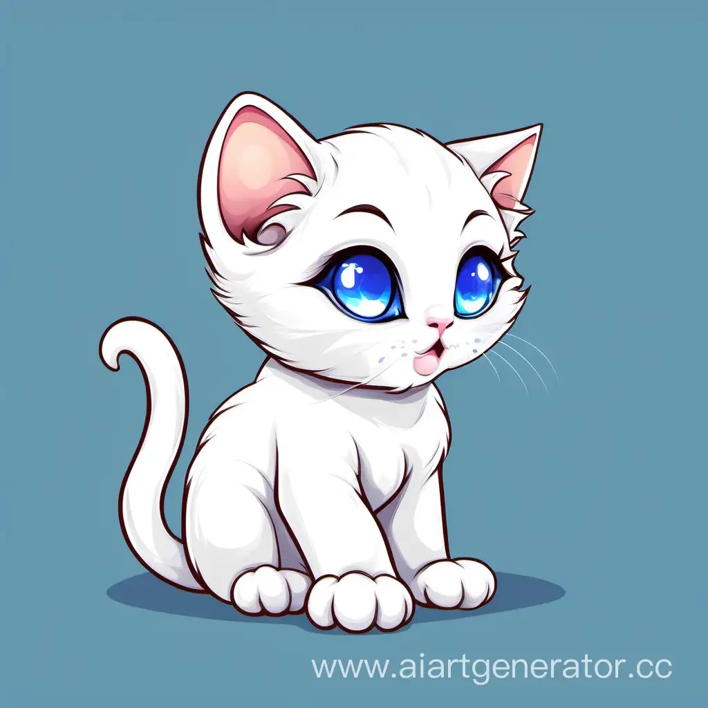 мультяшный белый котик с голубыми глазами играется
