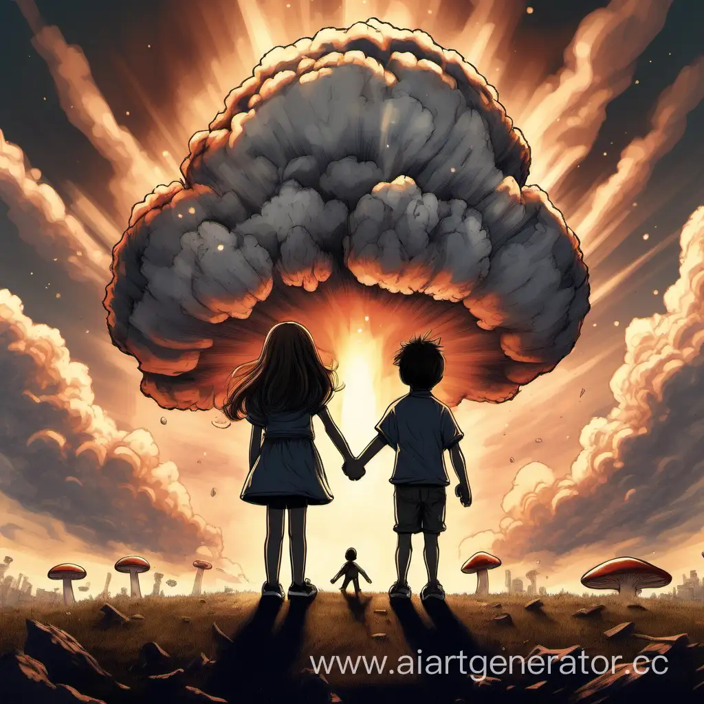 one boy, one girl are holding hands the girl has a teddy bear in her hand. The boy and the girl are holding hands, looking at a mushroom cloud  explosion their backs are facing  towards us 