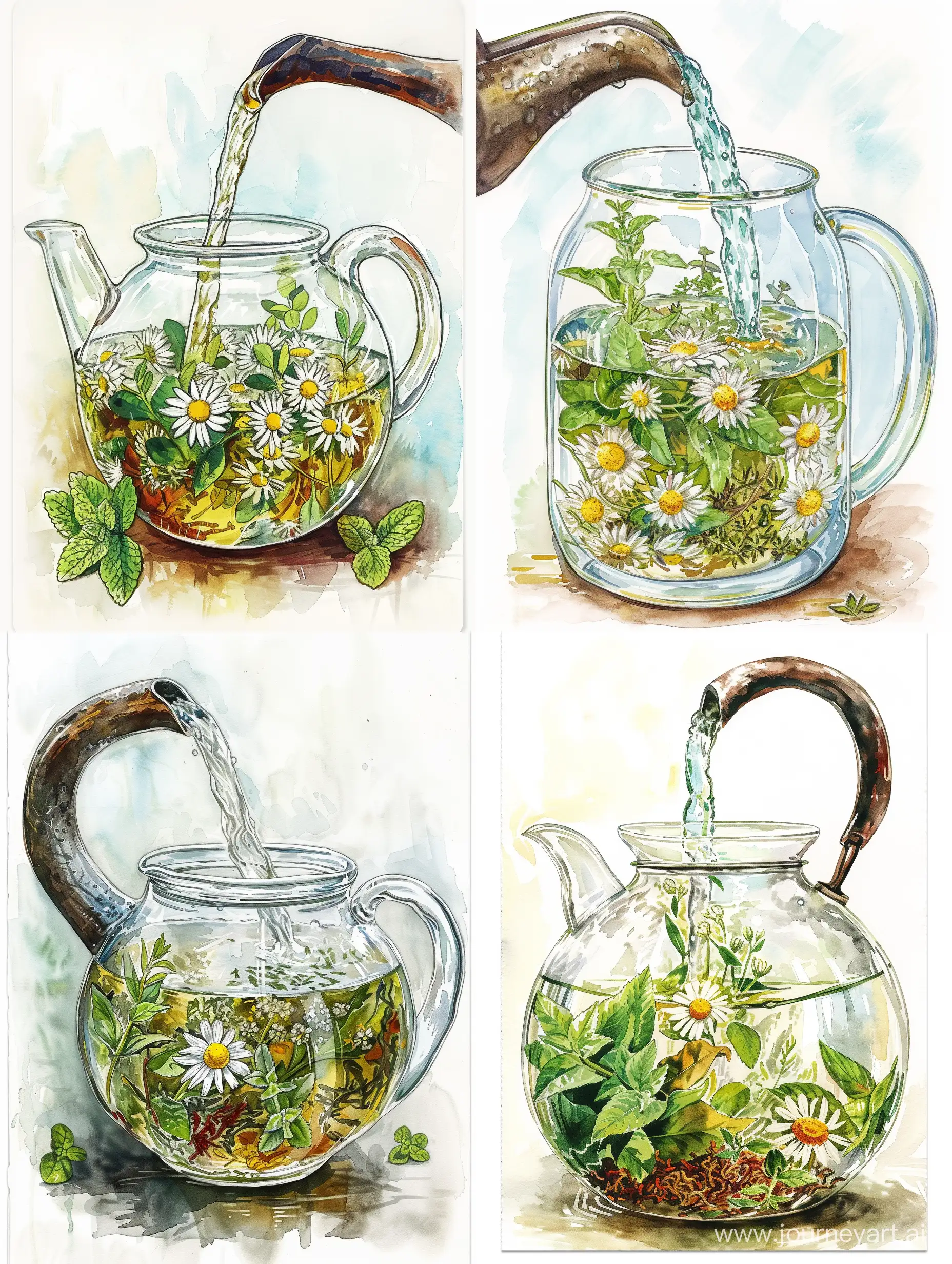 Открытка. Надпись: Поздравляем с днём травяного чая. Нарисовано: Чайник стеклянный заварочный, прозрачный, с ромашкой, иван-чаем, чаюрецом и мятой внутри, в него льëтся кипяток из чугунного чайника. Акварель
