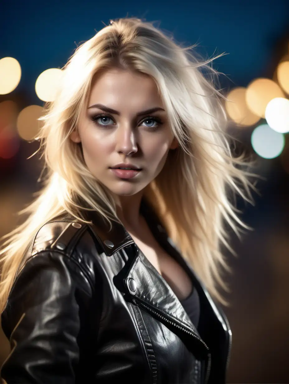 Beautiful Nordic woman, very attractive face, detailed eyes, big breasts, slim body, dark eye shadow, long messy blonde hair, wearing a leather jacket, close up, bokeh background, soft light on face, rim lighting, facing away from camera, looking back over her shoulder, photorealistic, very high detail, extra wide photo, full body photo, aerial photo