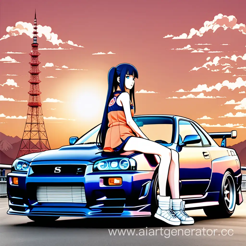 Сгенерируй изображение в стиле аниме, девушка из аниме Наруто которая сидит на nissan skyline r34 в стиле японских плакатов