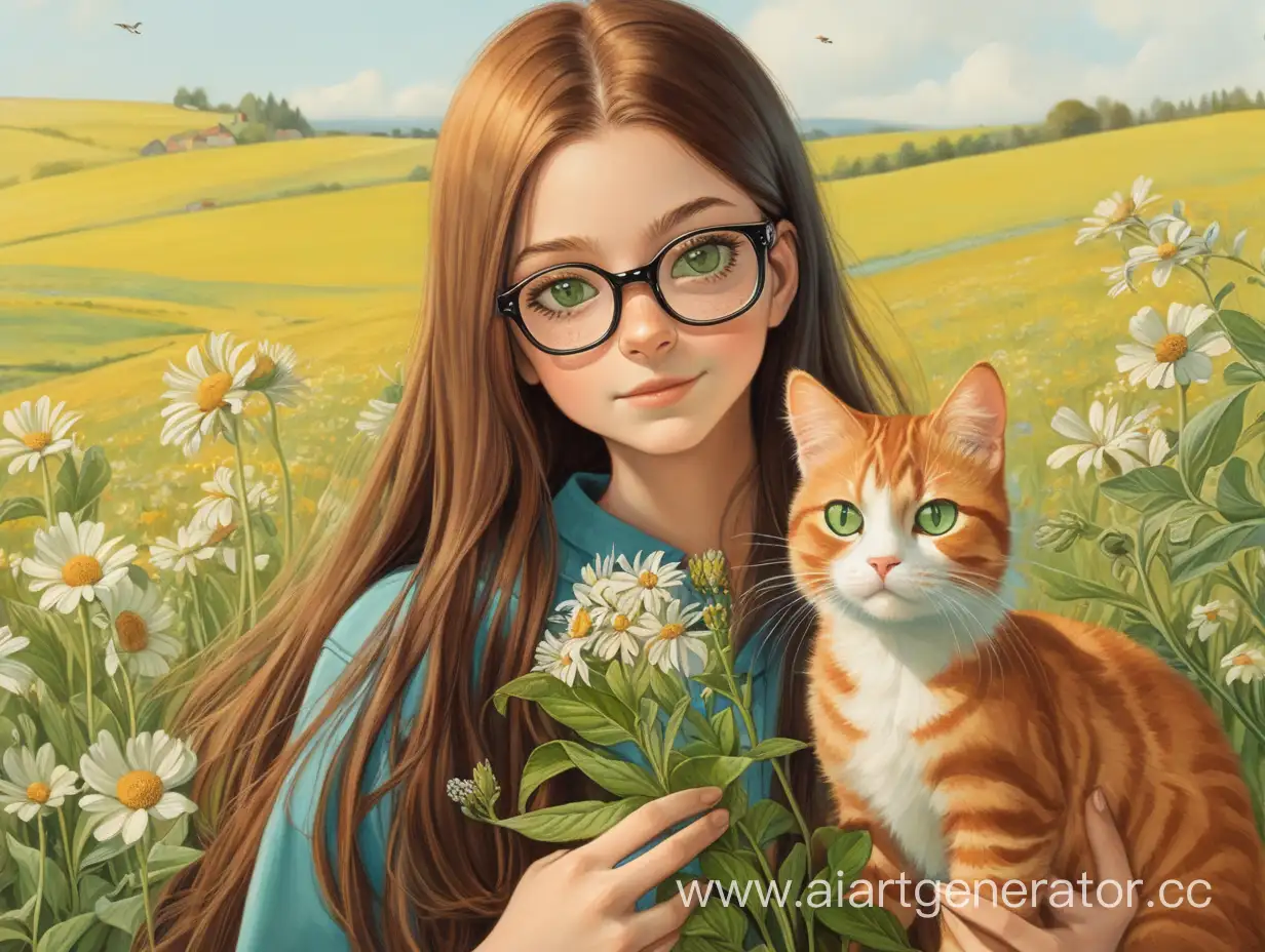 a girl with long straight dark brown hair and glasses holding a ginger straped cat with green eyes. field flowers are all around them