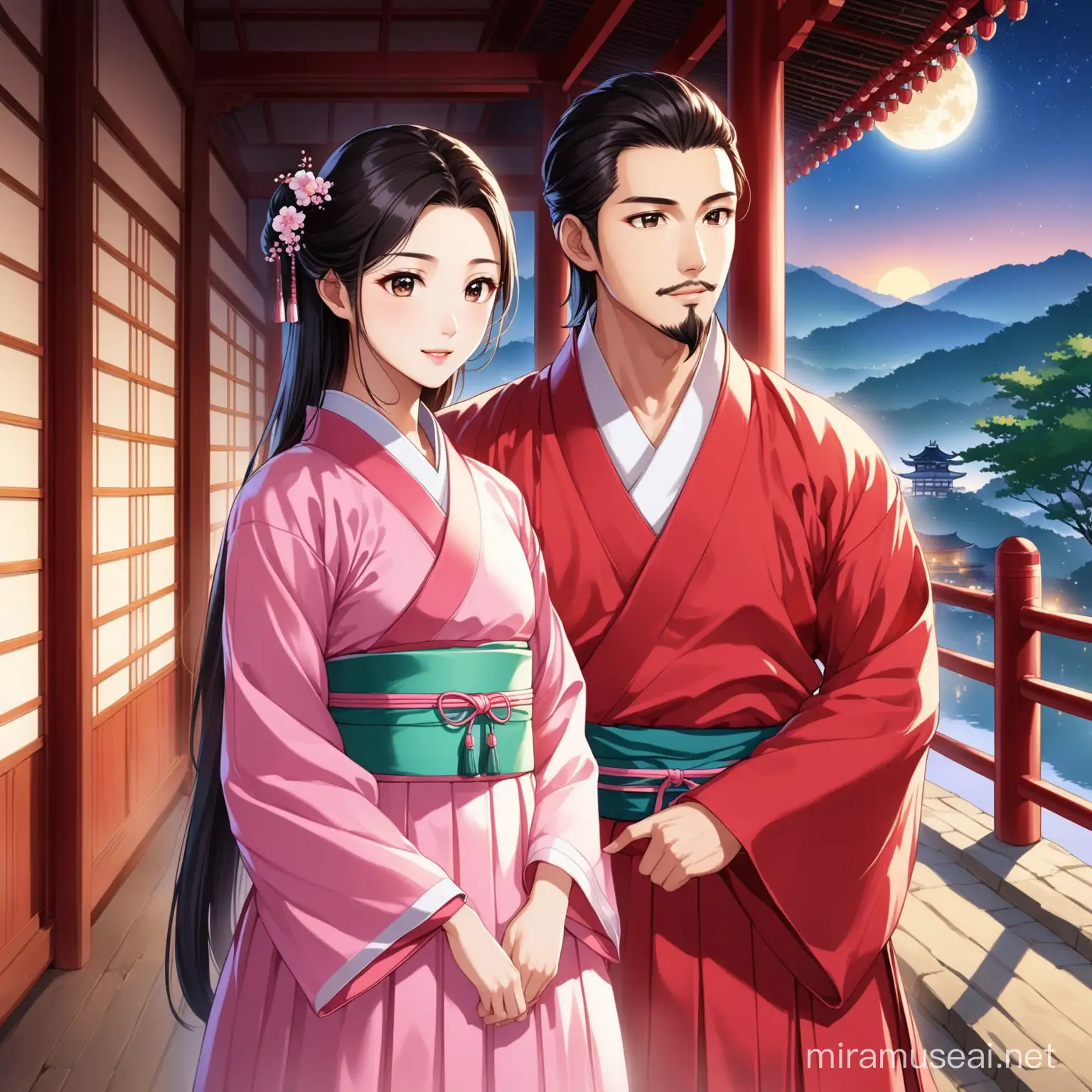 the Chosun Dynasty era

The moon rises in the middle of the night

the background of the pavilion

Handsome doesn't have a beard

The handsome man's clothes are red hanbok

Beauty's clothes are pink hanbok

The two are Asians in their early 20s

a romantic atmosphere