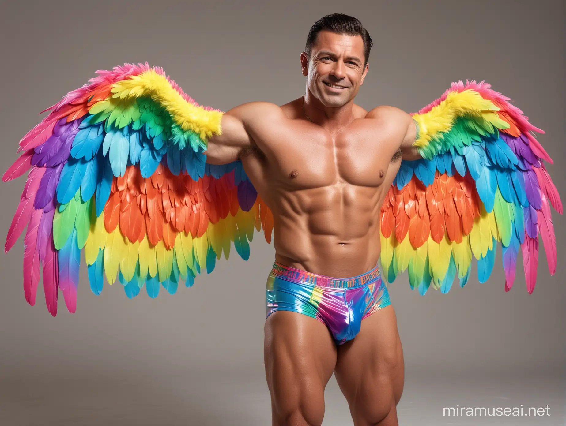 Topless 40s Ultra Beefy IFBB Bodybuilder Man wearing Multi-Highlighter Bright Rainbow Coloured See Through Eagle Wings Jacket short shorts and Flexing Big Strong Arm with Doraemon