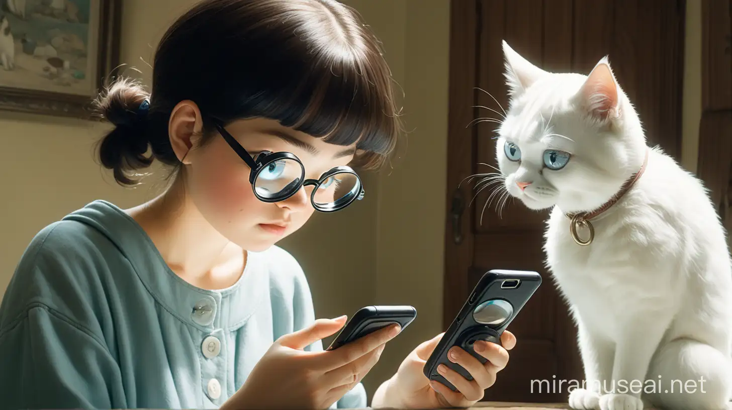A woman with a white cat uses a magnifying glass to look at her smartphone with doubt in her face, in the style of studio ghibli