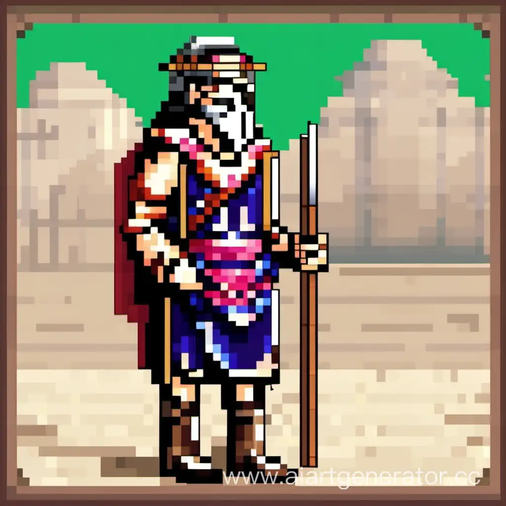 Make me a pixel picture of an ancient traveler