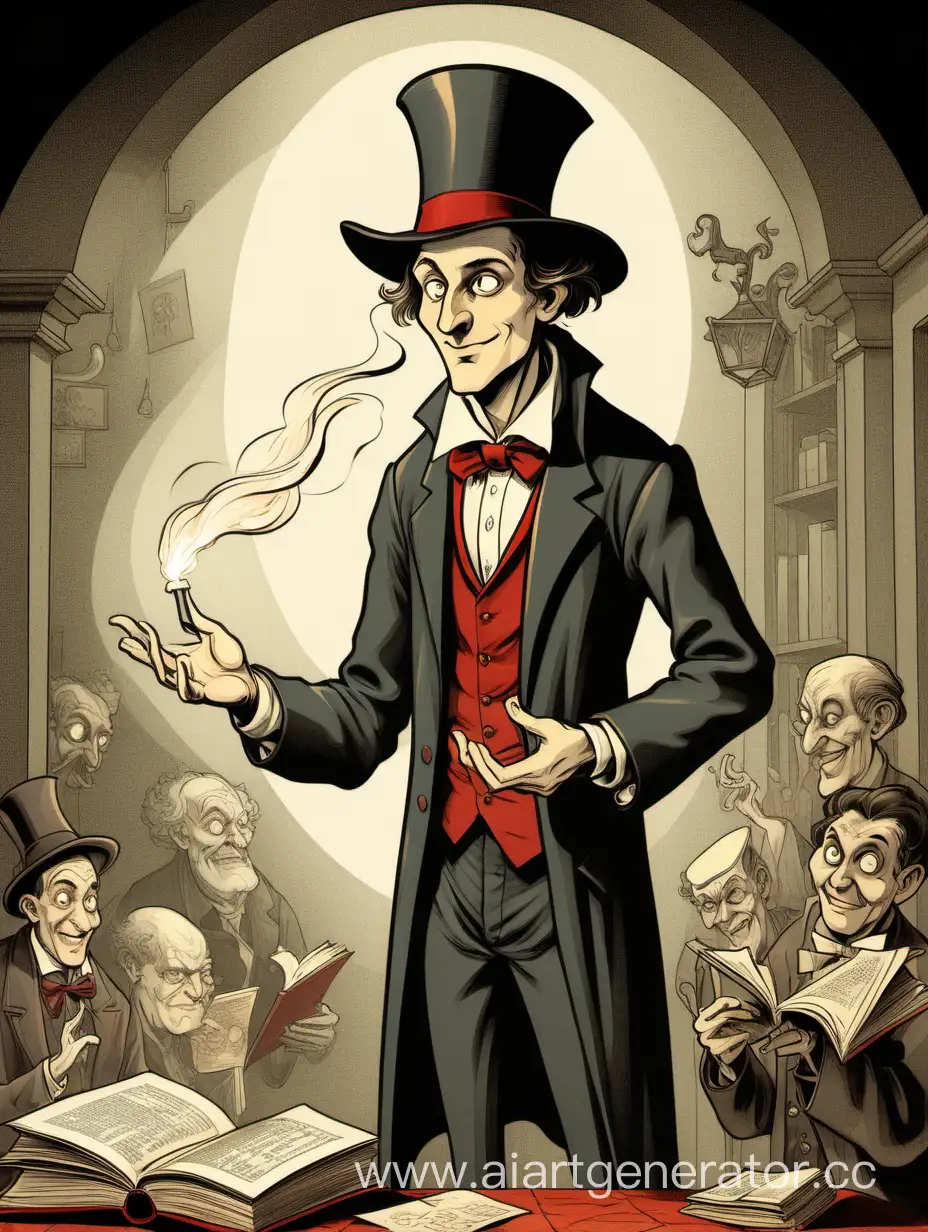 A man aged 20 to 40, a scholar and a bit of a magician, in a cartoon-style illustration titled "Faust."