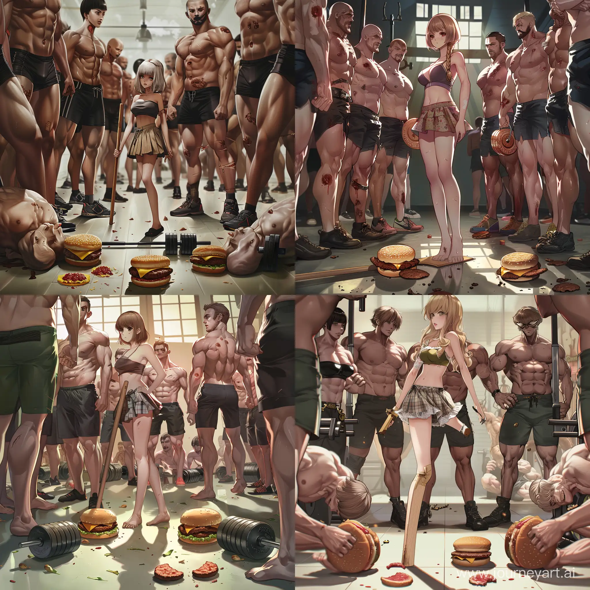 Anime-Girl-with-Wooden-Leg-Surrounded-by-Bodybuilders-and-Burgers