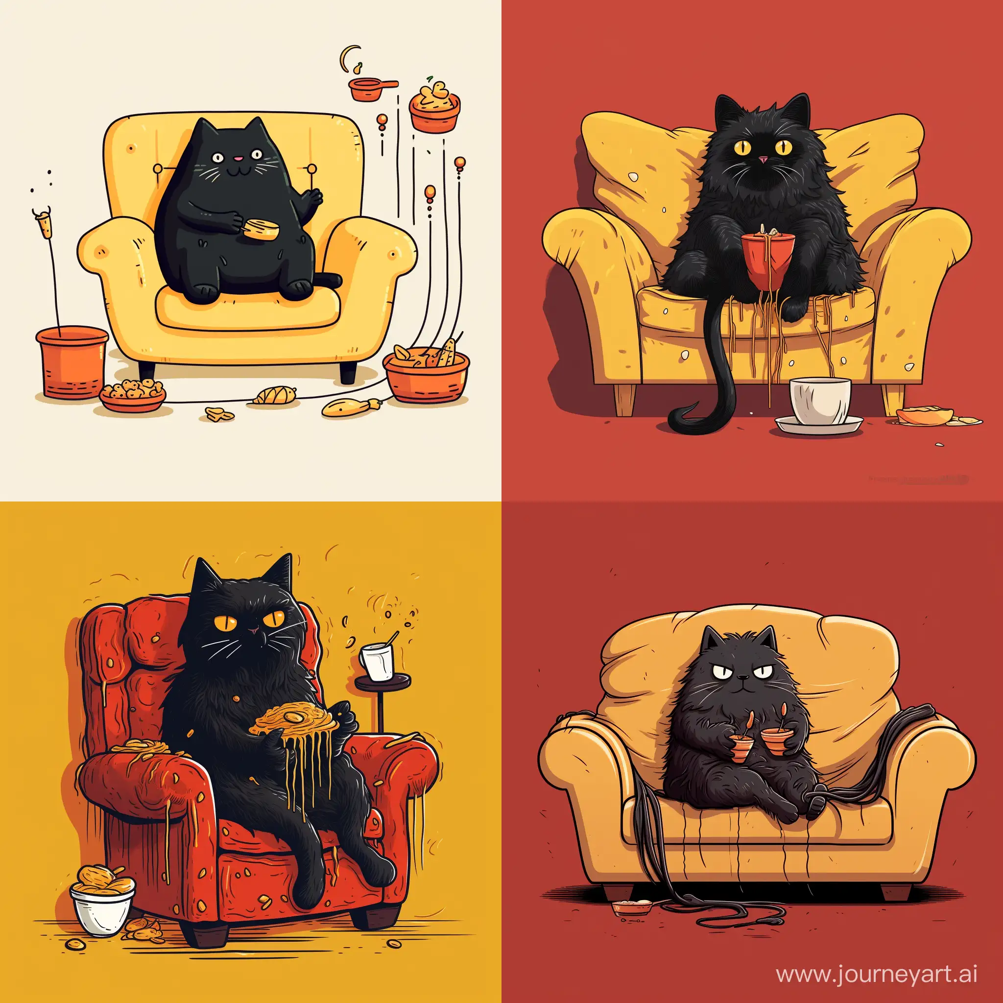 Playful-Black-Cat-Enjoying-Spaghetti-on-a-Cozy-Couch