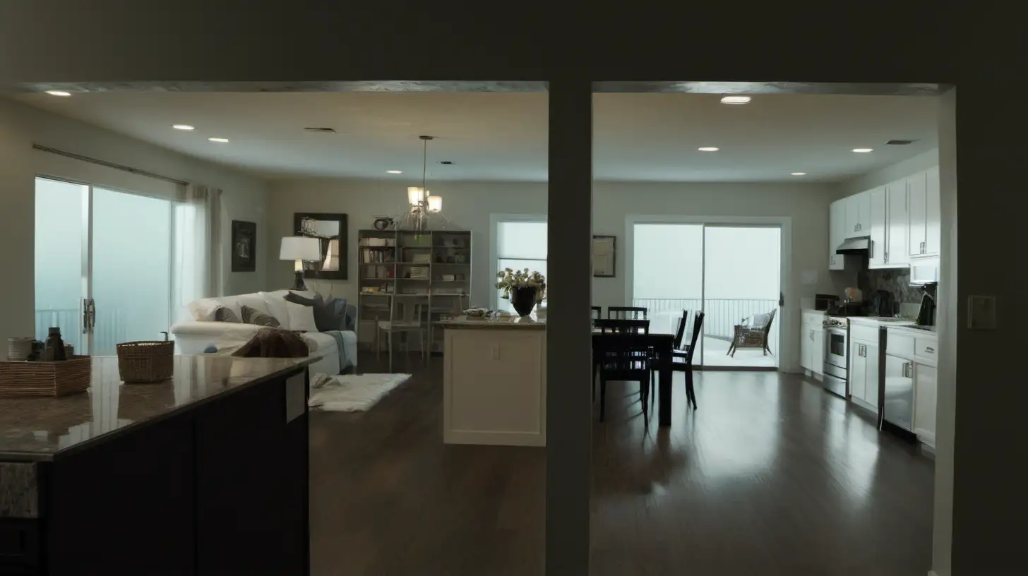 A scene where the kitchen, living room, and bathroom are all visible.