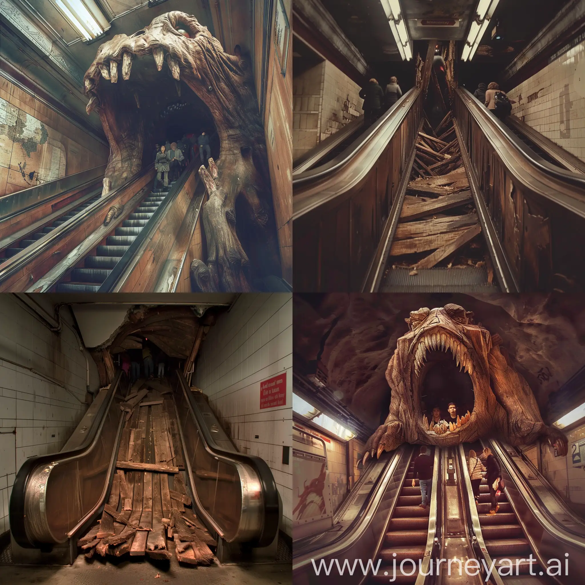 Gothic-Subway-Escalator-with-Wooden-Structure-Swallowing-Passengers
