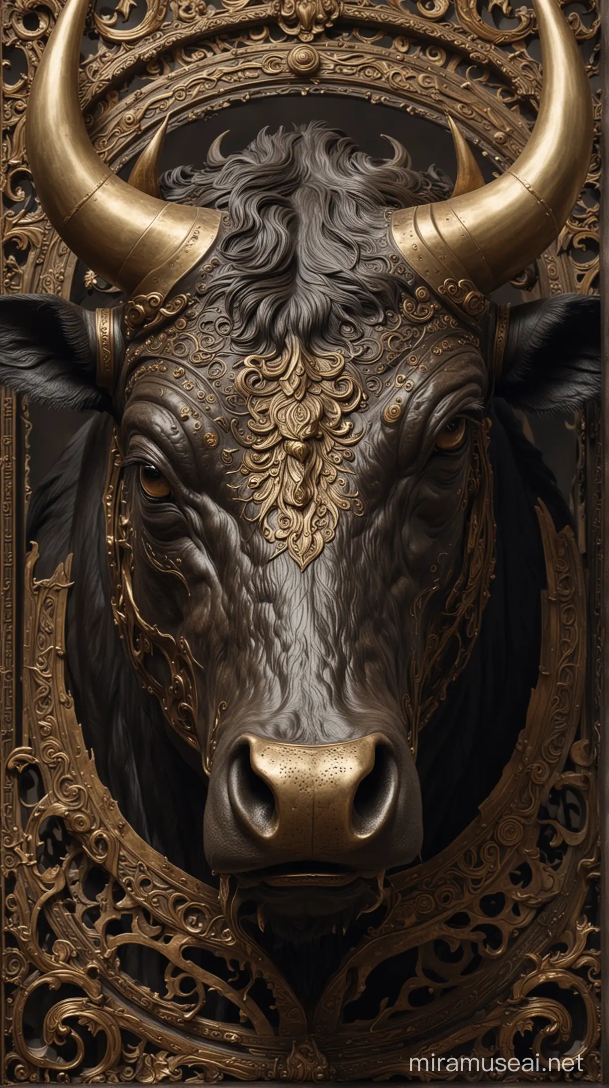 Imagine a detailed illustration of the brazen bull, focusing on its menacing appearance and the intricate design of its brass construction. Capture the terror and desperation of a person trapped inside, surrounded by flames and hearing the haunting echoes of their screams.
