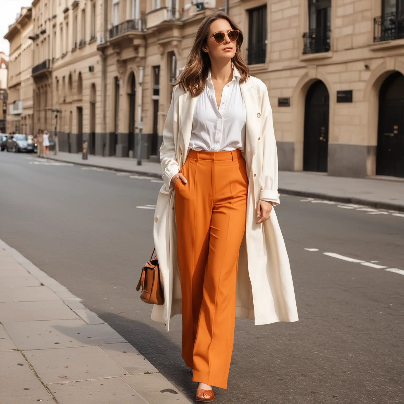 Fashionable Woman in Orange WideLegged Trousers and CreamColored Coat