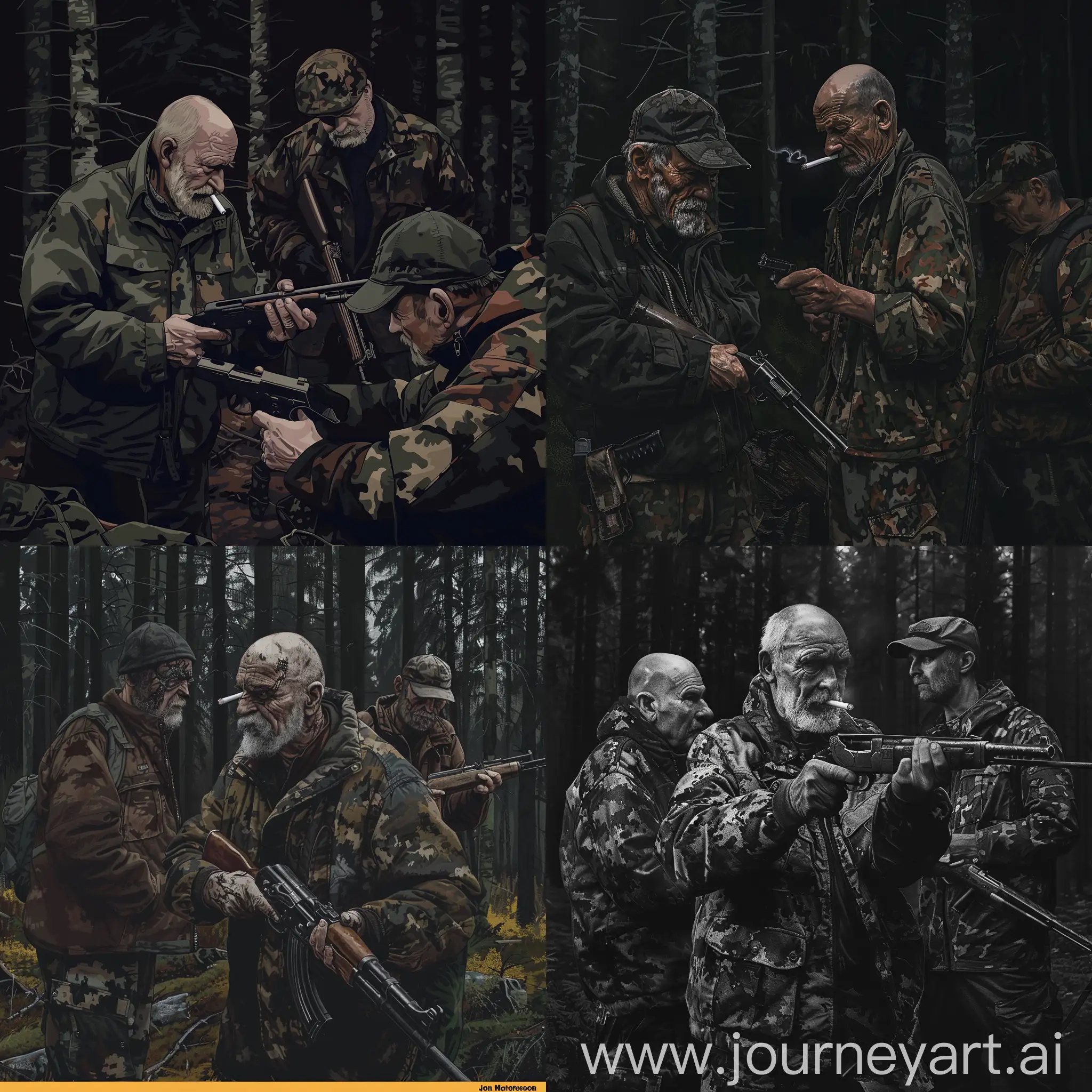 minimalist art, forest, taiga, three hunters, one hunter is an old man, a cigarette in his teeth, an old gun in his hands, an old camouflage jacket, a hat, a gray beard, another man is dressed in a camouflage jacket and dark trousers, a bald head, an old gun in his hand, a third man in a cap, a camouflage dark jacket, an old gun in his hands, forest, taiga, gloomy atmosphere, black anddrawing, Dark Fantasy Style, John Kenn Mortenson style draw