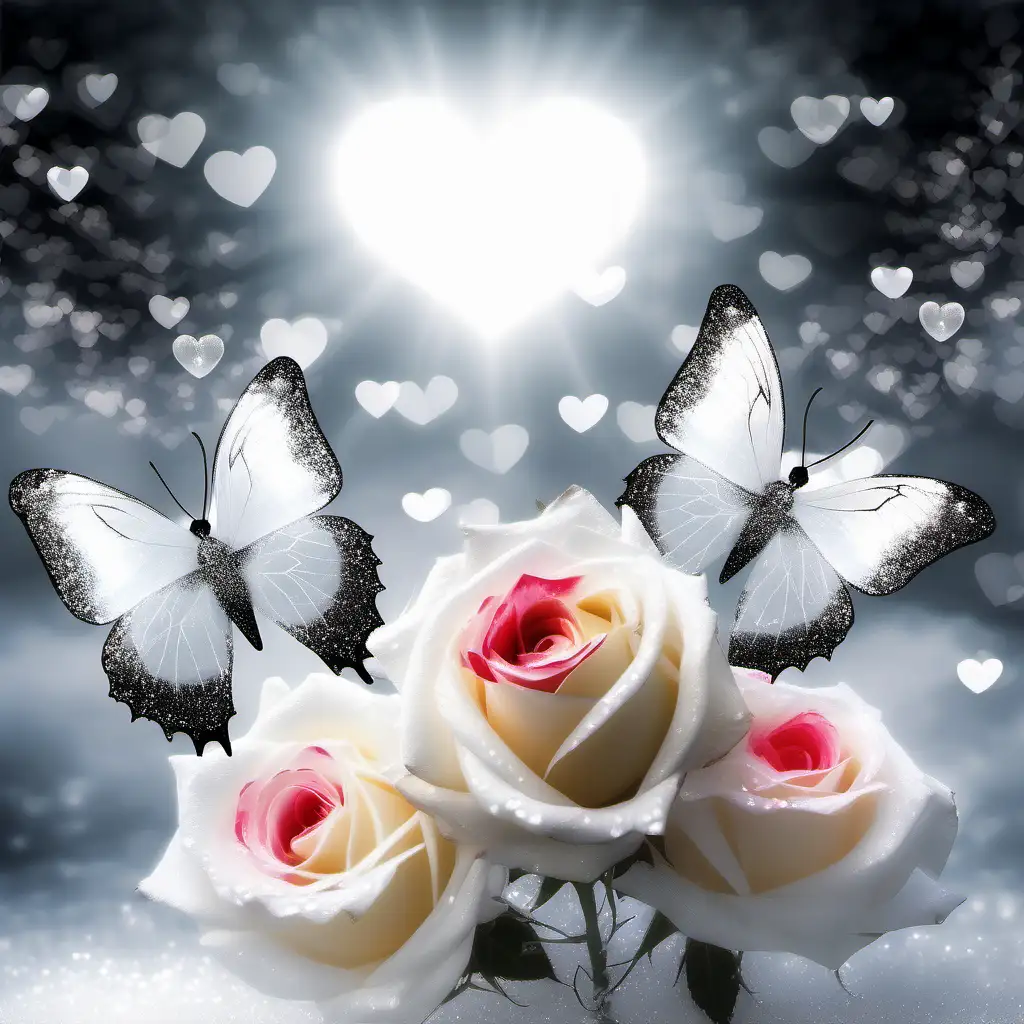wintery background, white bi colored roses, beautiful delicate butterfly, glitter, glowing, glistening, transparent, soft sun rays shining down, linked hearts in the sky, black and white background, red and white tipped roses
