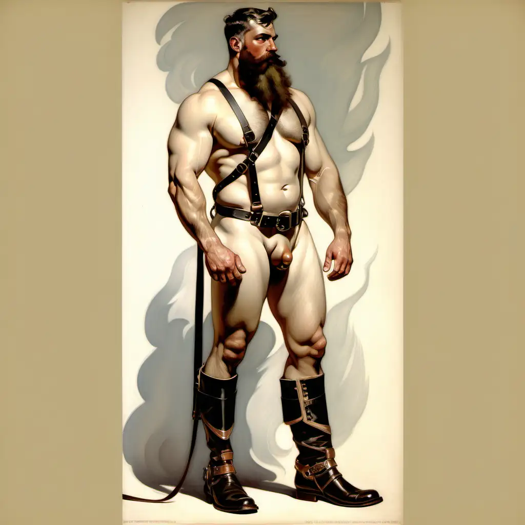 Powerful Greek Wrestler in Leather Boots and Harness JC Leyendecker Style