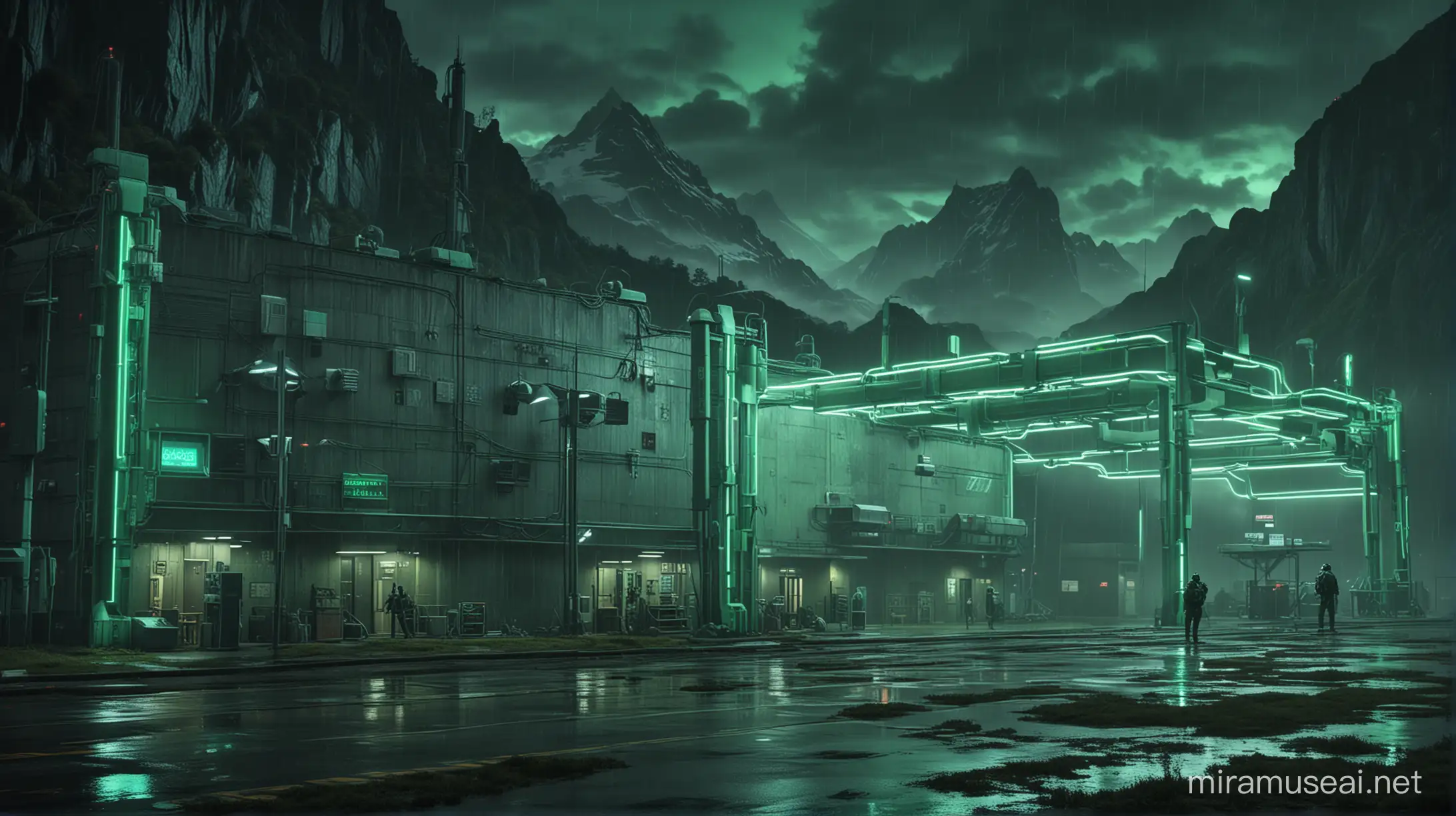 Futuristic Research Center Illuminated by Bright Green Neon Lights in Rainy Atmosphere
