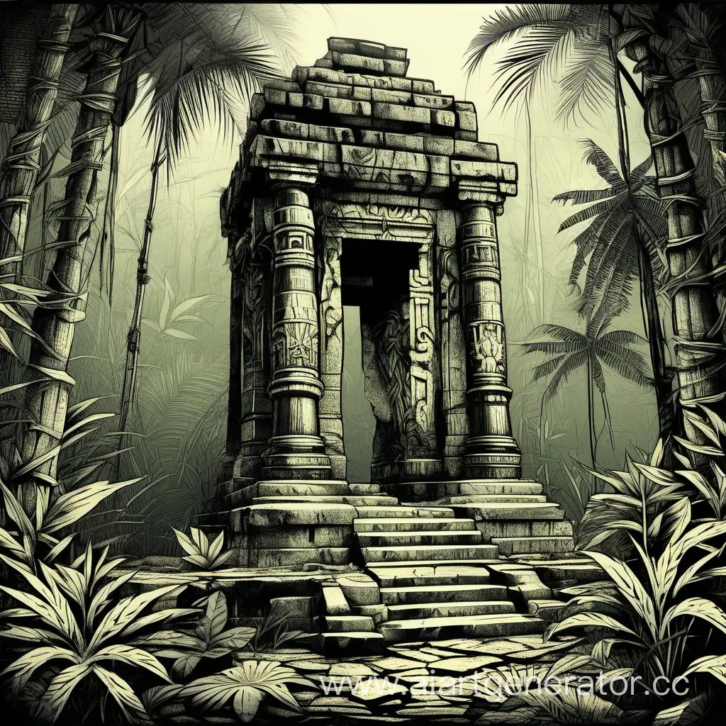 Ruins of ancient shrine, in jungle, engrave style