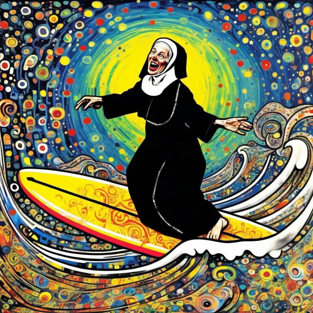 very funny nun , riding a surfboard

,jackson pollock , pyschedelic acid , gustav klimt
