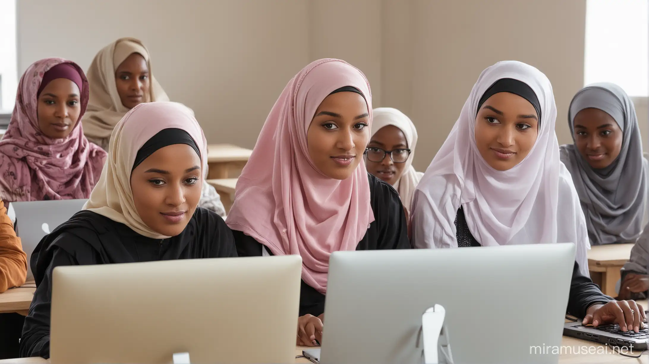 an instructor facilitating digital skills training in an IT innovation hub in Africa to women, youth. each participant having a computer in front of him/her on a separate desk. the women are wearing Hijab.