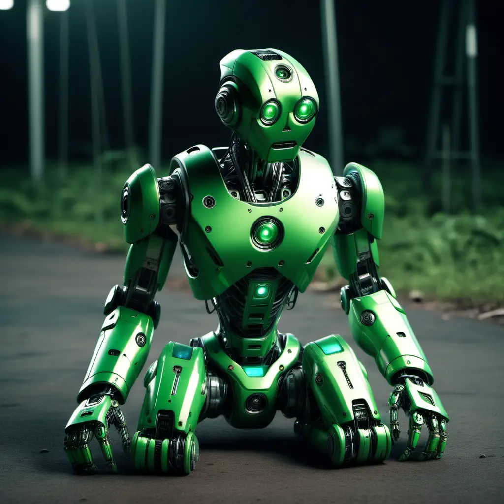 Semi Realistic Green Robot Sitting Down Futuristic Android Character Illustration