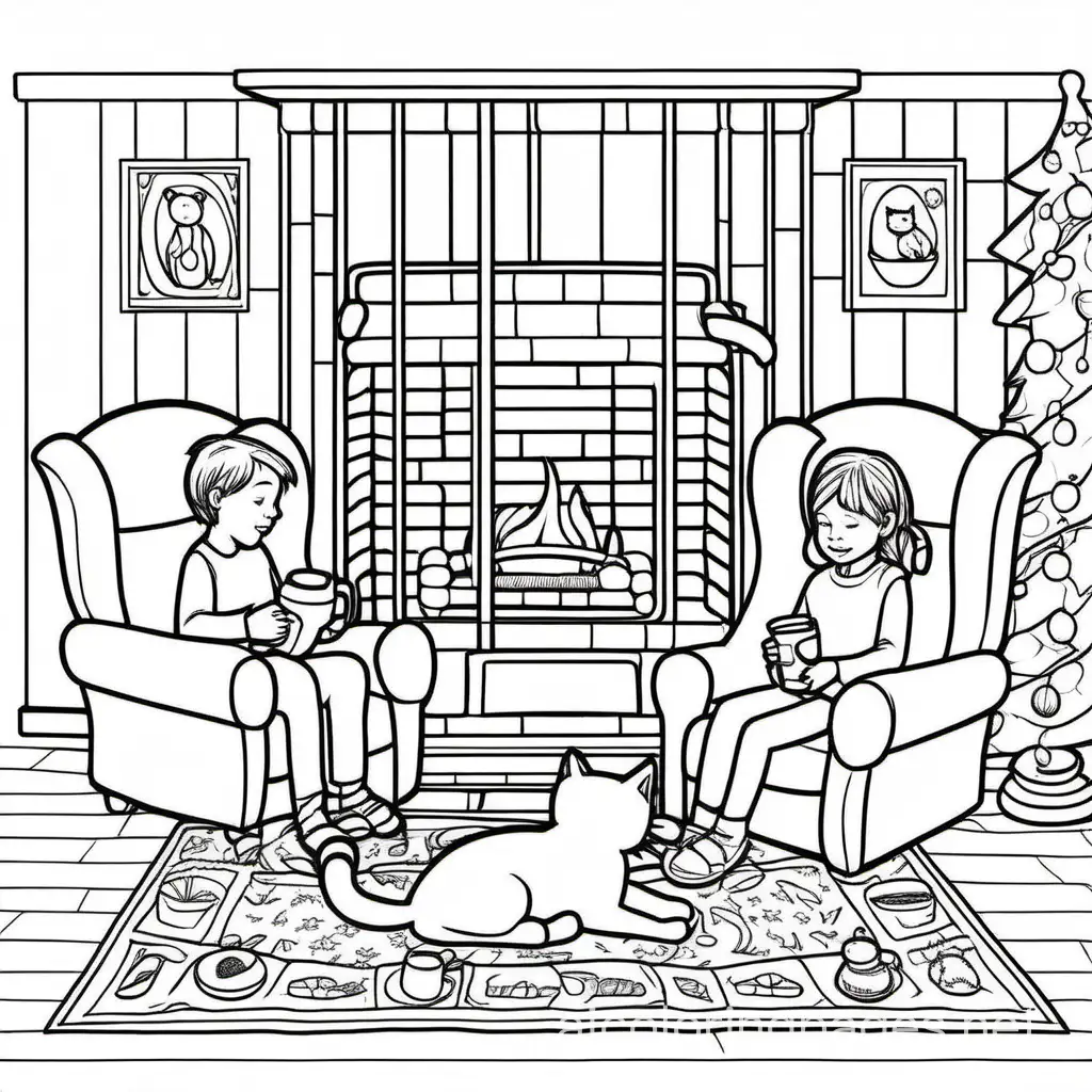 2 dimension, coloring page, low detail, thick lines, no shading. A cozy indoor scene with a family sitting by the fireplace, drinking hot cocoa, and a cat sleeping on a rug., Coloring Page, black and white, line art, white background, Simplicity, Ample White Space. The background of the coloring page is plain white to make it easy for young children to color within the lines. The outlines of all the subjects are easy to distinguish, making it simple for kids to color without too much difficulty